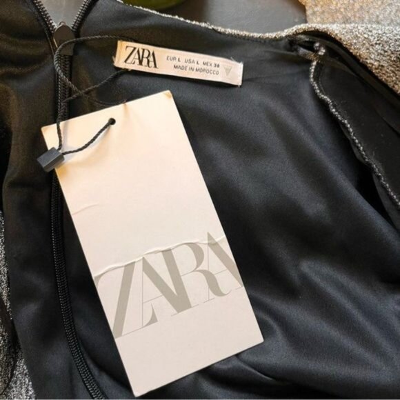 NWT Zara Mini Silver Dress With Metallic Thread Bloggers Favorite Size L - Picture 6 of 11